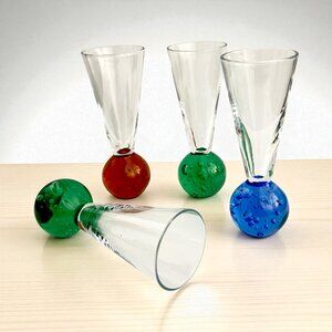 Vintage Set of 4 Hand Blown Cordial Glasses Bubbles Ball Bottom Multicolours